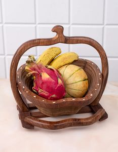 Sheesham wood collapsible <b>basket</b> in apple shape Handcrafted Fruit Snack Vegetable Storage Container for Kitchen Counter - Product Image 2