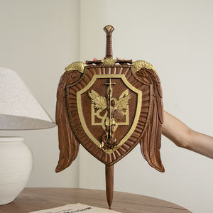 세인트 마이클 나무 방패와 검 벽 조각, 수호 천사 손으로 조각한 나무 장식, 엑소시즘 벽 장식 - Product Image 2