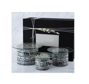 Finest Quality <b>Cake</b> <b>Stand</b> With Mother Of Pearl Work Set Of 3 Wooden And <b>Glass</b> Chocolate Dessert Server - Product Image 5