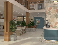 Comptoir de bar à café bleu sarcelle personnalisé à lattes, avec éclairage LED, moderne, écologique et durable, pour réception de magasin de luxe, café et boulangerie