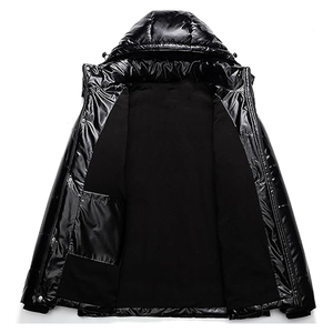 Chaqueta acolchada brillante para hombre, chaqueta acolchada de lana, calle principal de invierno con cuello con capucha, cremallera, resistente al agua - Product Image 3