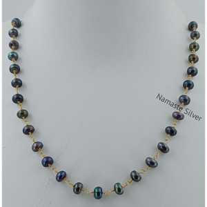 Collar de Perlas Negras de Agua Dulce Hechas a Mano con Plata de Ley, Collar de Perlas de Agua Dulce con Hilo de Cuentas de Una Sola Línea y Relleno de Oro - Product Image 1