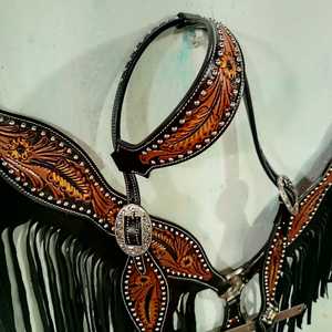 Genuine <b>Leather</b> Western <b>Tooled</b> Headstall & Breast Collar Set With Crystal Stud <b>Work</b> Supplier Manufacturer Saman Exports - Product Image 5