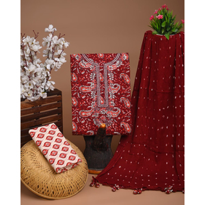 Traje tradicional de algodón con dupatta de gasa bordada a mano y Zari gotapatti Kurta de algodón con dupatta de gasa - Product Image 3