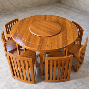 Industrial Modern Solid Wood Dining <b>Table</b> <b>and</b> <b>Chair</b> Set Round Extendable 8 Seater Pre-assembled Dining Room Furniture 6 Piece - Product Image 2