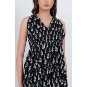 Vestido Midi Negro Floral con Cuello en V sin Mangas para Mujer, de Algodón Elástico, Corte Imperio, Transpirable, Estilo Fiesta para Club Nocturno - Product Image 5