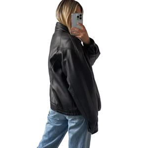 Chaqueta de cuero de oveja para mujer, estilo motociclista, bomber, oversize, streetwear - Product Image 2