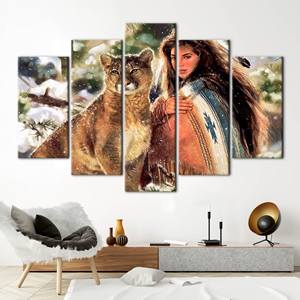 Obra de arte impresa en lienzo de mujer nativa y gato grande - Decoración elegante, mezcla de 5 piezas: envoltura tipo galería - Product Image 1