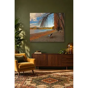Banc isolé Fida au bord du lac en automne, impression sur toile - Product Image 3