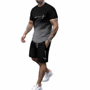 T-shirt imprimé graphique dégradé pour hommes, ensemble de deux pièces décontracté à col rond et à style de rue, techniques de lavage thermique High Street - Product Image 3