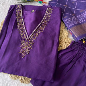 Dark <b>Purple</b> Color Premium Roman Silk <b>Fabric</b> Wholesale Rate Daily& Office Party Special Three Piece Designer Dress Collection - Product Image 1