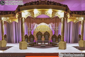 Décor de mariage malaisien, cadre de mandage en FRP, magnifique intérieur sculpté en or, Mandap de mariage abordable, décoration de mariage en or - Product Image 4
