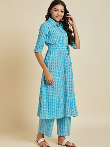 El último diseñador con estampado floral, hermosa Ropa Étnica, Kurti recto azul turquesa listo para usar con pantalones Palazzo, conjuntos de Ropa Étnica - Product Image 4