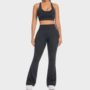 2PCS Conjunto de yoga sin costuras Ropa de entrenamiento de gimnasio de manga larga Mujeres Scrunch Butt Leggings Activewear Sets para mujeres - Product Image 1