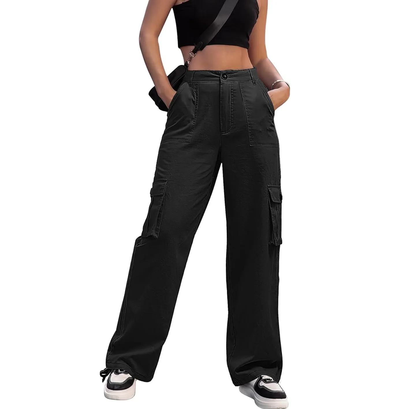リネンブラックカーゴパンツ女性用卸売カスタマイズロゴと印刷ズボンとパンツ女性用カジュアルストリートウェア