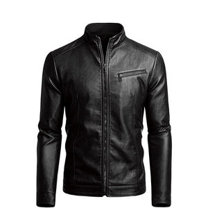 Veste pour homme en cuir véritable à col montant et fermeture éclair, style streetwear, séchage rapide, coupe slim, printemps - Product Image 1