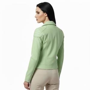 Veste de moto en cuir vert clair sur mesure en gros, veste de motard en cuir véritable pour femmes, style biker, manteau pour femmes, approvisionnement en usine en vrac, OEM - Product Image 1