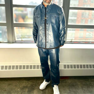 High Quality Men Cowhide Leather Jacket and <b>Pants</b> Set Casual Fashion Men Leather Jacket and Trouser Set - Product Image 3