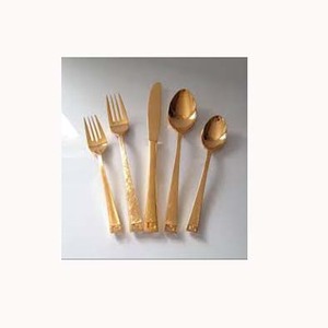 Stainless Steel Metal <b>Gold</b> <b>Mirror</b> Polished With Long <b>Rectangular</b> End Handle Bulk Fork Spoon Cutlery Sets - Product Image 1