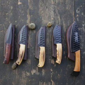 Ensemble de couteaux de brousse en acier au carbone forgé sur mesure avec étui en cuir - Manche pleine longueur 5 pièces Ambidextre Léger Multifonctionnel - Product Image 1