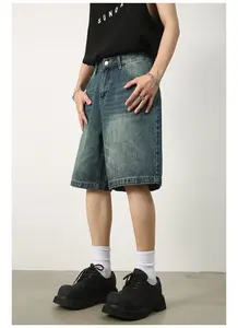 Shorts Vaqueros Vintage para Hombre, 100% Algodón, Corte Holgado, Pierna Recta, Cintura Alta, Cierre de Botones, Secado Rápido, Transpirables, Resistentes al Viento - Product Image 5