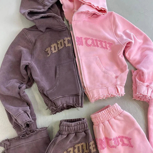 Conjunto de chándal de ropa informal Vintage para mujer 2025, parche bordado desgastado, sudaderas con capucha y cremallera lavadas con ácido, conjunto de chándal personalizable - Product Image 6