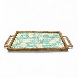 Plateau en rotin incrusté de nacre, fait à la main avec un bord en jacinthe d'eau, pour servir de la nourriture, décoration de table - Product Image 2