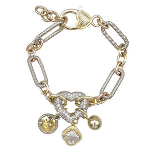 1097B Bestseller-Luxus Frauen inspiriert echte 14 Karat vergoldete zweifarbige Kabel <span class=keywords><strong>Link</strong></span> <span class=keywords><strong>Chain</strong></span> Armband mit Herz CZ <span class=keywords><strong>Pave</strong></span> - Product Image 2