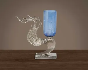 Nickel-plated aluminium base with <b>Blue</b> luster glass Home Decorative Table Top <b>Candle</b> Stand - Product Image 5