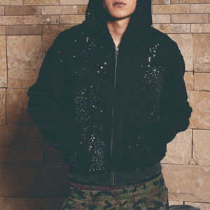 Sweat-shirt en coton côtelé à épaules tombantes personnalisé de haute qualité avec strass, effet vieilli, fermeture éclair, vintage, pour homme - Product Image 3