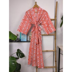 Kimono Boho de Algodón, Bata de Casa, Estampado a Mano Indio, Rosa Amanecer-Arancio, Bagh Luxurise, Cubre Traje de Baño - Product Image 5