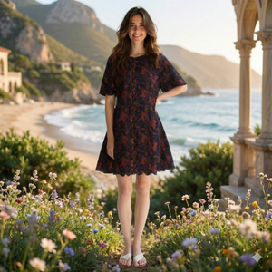 Vestido Mini Casual de Algodón con Estampado Floral, Sin Tirantes, Cintura Imperio, Mangas Medias Relajadas, Transpirable, Dulce y Fresco para el Día a Día, Talla XS, Diseño Hueco - Product Image 2
