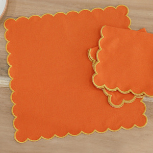 Broderie festonnée Serviettes en tissu Décor de table Automne Thanksgiving 100% Coton-Orange-Bords-Jaune doré - Product Image 5