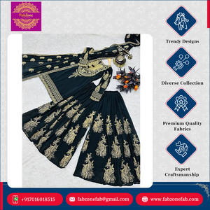 Diseño de lujo Ropa India pakistaní Secuencias de bordado tradicional Faux Georgette Top Sharara Dupatta Set para mujeres - Product Image 5