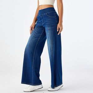 <b>Women</b> Pockets Straight Wash Vintage <b>Jeans</b> Fashion <b>Elastic</b> <b>Waist</b> Wide Leg Denim <b>Jeans</b> <b>Women's</b> Pants & Trousers Casual Streetwear - Product Image 2