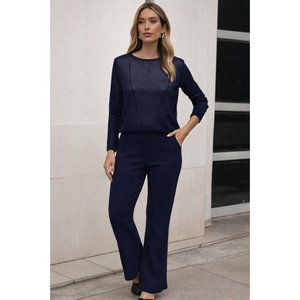 Conjunto de Dos Piezas de Blusa de Punto de Manga Larga y Cuello Redondo para Mujer de Jane, con Detalle Transparente, Estilo Casual para Adultos - Product Image 1