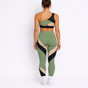 Ensemble de yoga asymétrique color block, sans couture, à bretelles spaghetti, col rond, respirant, extensible dans les quatre sens, taille élastique, tenue de sport - Product Image 4