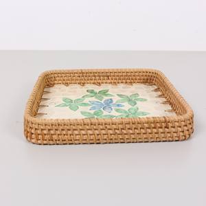 Plateau de service rectangulaire en nacre écologique avec incrustation florale bleue en rotin, commande en gros pour la décoration de la table de cuisine et de salle à manger - Product Image 5