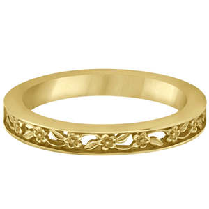 Anillo de Boda de Oro Amarillo de 14K con Flores Talladas en Filigrana, Conjunto de Joyería Fina Apilable - Product Image 1
