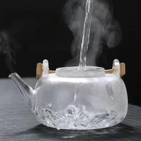 Théière en verre borosilicaté résistant à la chaleur bouilloire fleur service à thé poignée en bambou