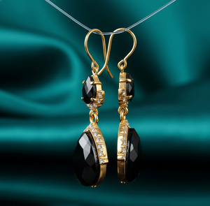 <b>Black</b> Onyx & CZ <b>Earrings</b> Pear <b>Black</b> Onyx with Cubic Zirconia | 925 Sterling Silver 18K <b>Gold</b> Plated Jewelry 15GM - Product Image 3