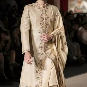 2024 Collection Stunning Zari Embroidery Groom Sherwani <b>Pant</b> Stole Matched Crystal Glass Beads Dabka Work Breathable Slim Fit - Product Image 1