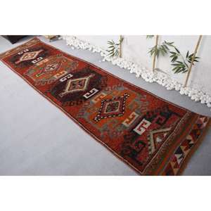 2.7x11.1 ft <b>Runner</b> Vintage Rug, Turkish Rug, <b>Red</b> Beige Animal Print Wool Rug - Product Image 4