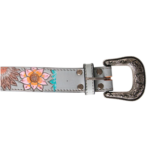 Nouvel arrivage de ceinture unisexe en cuir de vachette véritable Style occidental vintage Design floral usiné à la main boucle en alliage peint à la main - Product Image 3