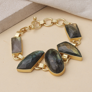 Handmade Labradorite Gemstone <b>Charm</b> Bracelet Gold Plated Brass Luxury Statement Jewelry for Women Wedding Occasion - Product Image 1