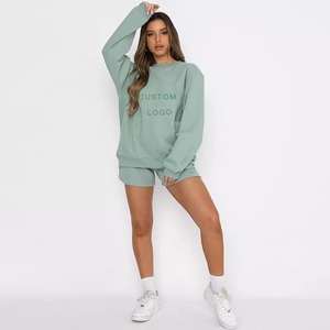 Sudadera de algodón 100% con punto de contraste personalizado, chándal de dos piezas de gran tamaño para hombre, Sudadera con capucha y pantalones cortos estampados, conjunto de pistas para hombre - Product Image 5