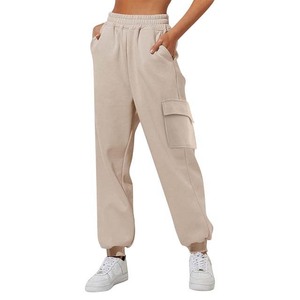 Pantalon cargo violet pour femme, taille mi-haute, cordon élastique, coupe ample, décontracté, avec poches, en polaire, style automne - Product Image 4