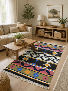 Tapis de couloir Kilim en coton fait main, tapis de sol traditionnel Dhurrie du sud-ouest avec franges à pompons blancs pour salon - Product Image 1