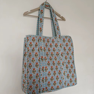 Sky Blue Eco-Friendly Large Floral Print Women's Tote <b>Bag</b> Beautiful Indian Cotton Quilted Daily Shopping <b>Travel</b> Open Closure - Product Image 1