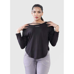 Hustlers Only Haut d'entraînement pour femme noir asymétrique à découpes tissé minimaliste anti-humidité Printemps/Été - Product Image 2